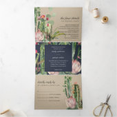 KRAFT NAVY FLORAL CACTI FOLIAGE WATERVERF WEDDING DRIELUIK UITNODIGING (Binnen)