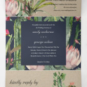 KRAFT NAVY FLORAL CACTI FOLIAGE WATERVERF WEDDING DRIELUIK UITNODIGING (Binnenkant midden)