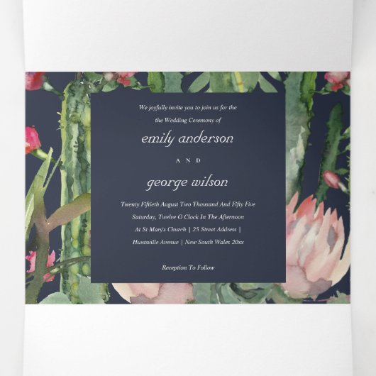 KRAFT NAVY FLORAL CACTI FOLIAGE WATERVERF WEDDING DRIELUIK UITNODIGING (Binnenkant midden)
