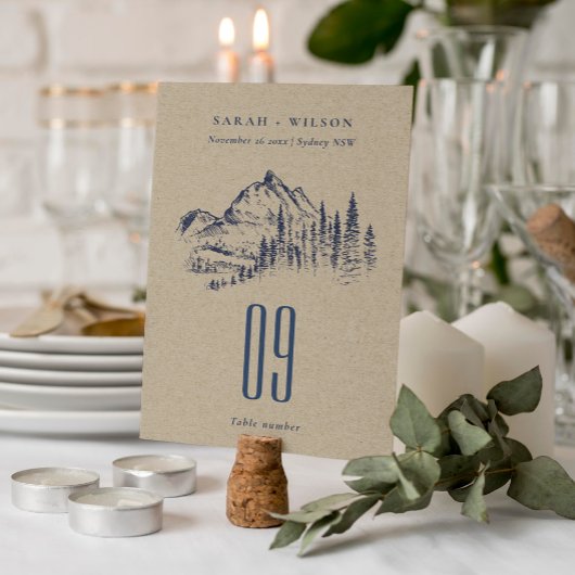 Kraft Navy Pine Bossen Mountain Sketch Wedding Kaart