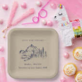Kraft Navy Pine Bossen Mountain Sketch Wedding Papieren Bordje (Feest)