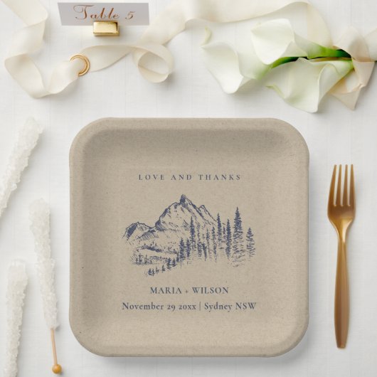 Kraft Navy Pine Bossen Mountain Sketch Wedding Papieren Bordje (Huwelijk)