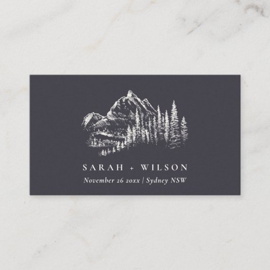 Kraft Navy Pine Bossen Mountain Sketch Wedding Plaatskaartje (Voorkant)