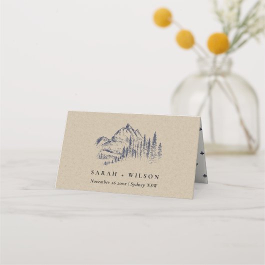 Kraft Navy Pine Bossen Mountain Sketch Wedding Plaatskaartje (Voorkant)