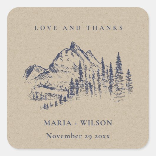 Kraft Navy Pine Bossen Mountain Sketch Wedding Vierkante Sticker (Voorkant)