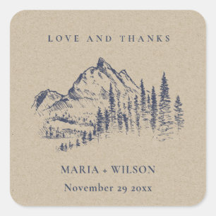 Kraft Navy Pine Bossen Mountain Sketch Wedding Vierkante Sticker