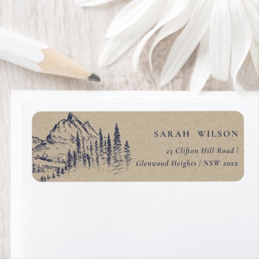 Kraft Navy Pine Wood Mountain Sketch Adres Label (Insitu)