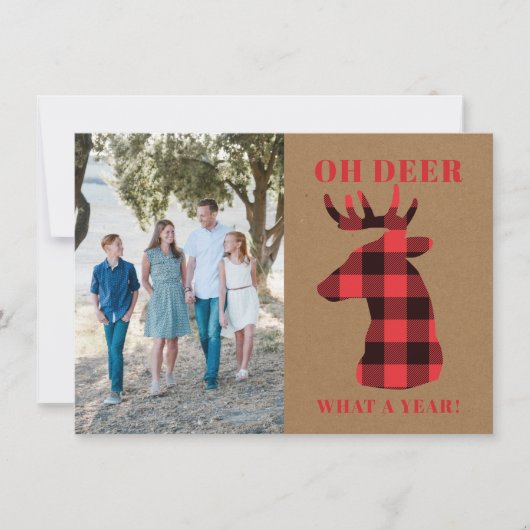 Kraft Oh Deer What a Year Buffalo Plaid Photo Feestdagenkaart (Voorkant)