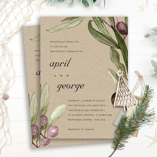 KRAFT OLIVE WATERVERF FOLIAGE WEDDING INVITE BEDANKKAART