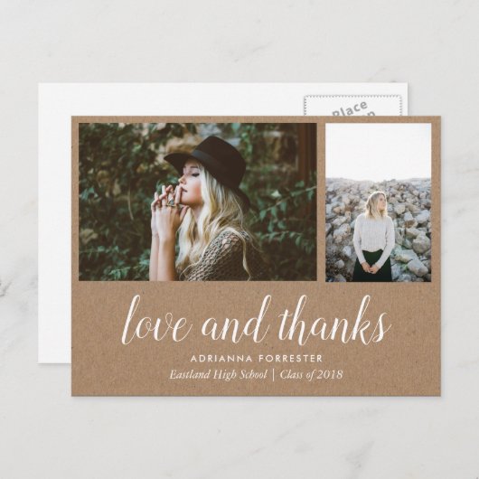Kraft Paper Afstuderen liefde en Bedankt | Twee fo Aankondigingskaart (Voorkant / Achterkant)