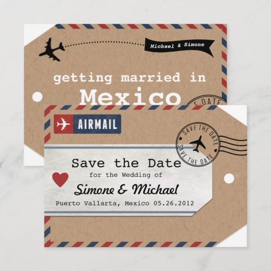 Kraft Paper Airmail Bagagelabel Save the Dates Save The Date (Voorkant / Achterkant)