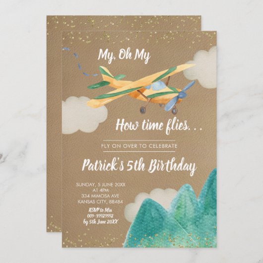 Kraft Paper Airplane Boy Birthday Party Invitation Kaart (Voorkant / Achterkant)