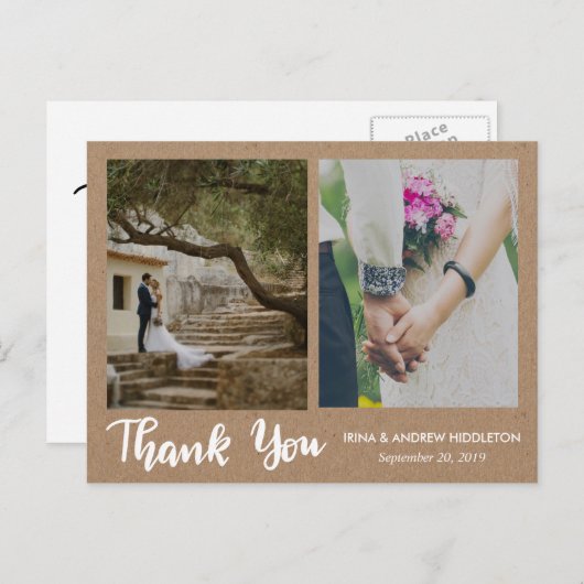 Kraft Paper Bedankt Script Twee Trouwfoto's Briefkaart (Voorkant / Achterkant)