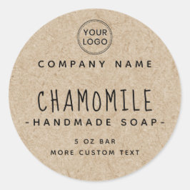 Kraft paper bekijkt product label, whimsical font ronde sticker