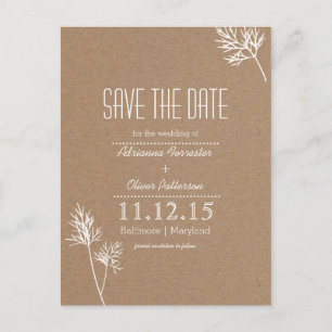 Kraft Paper Brown en White Leaves Save the Date Aankondigingskaart