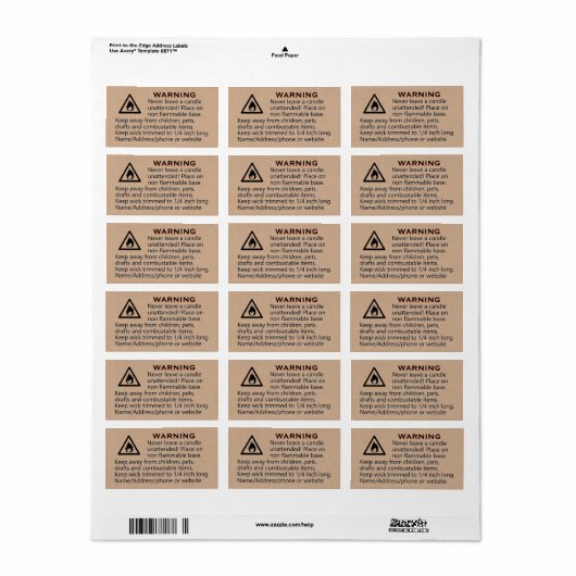 Kraft Paper Candle Warning Label (Full Sheet)