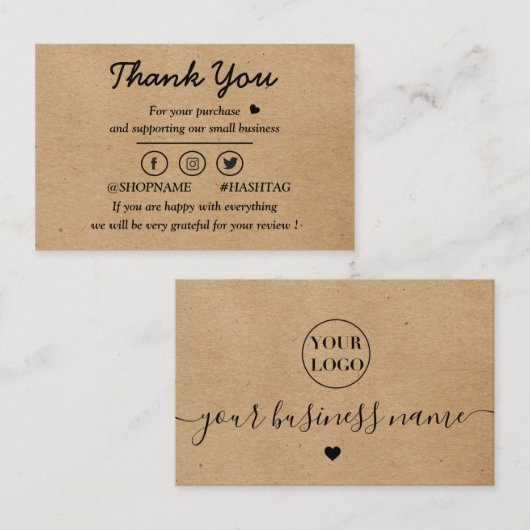Kraft paper custom logo dank u visitekaartje (Voorkant / Achterkant)