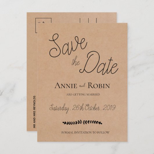 Kraft Paper Custom Script Weddenschap Save the Dat Briefkaart (Voorkant / Achterkant)