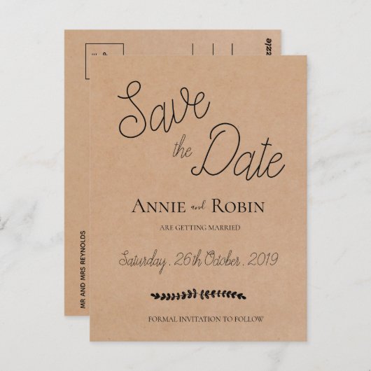 Kraft Paper Custom Script Weddenschap Save the Dat Briefkaart (Voorkant / Achterkant)