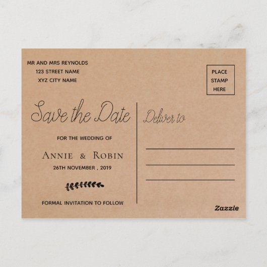 Kraft Paper Custom Script Weddenschap Save the Dat Briefkaart (Achterkant)
