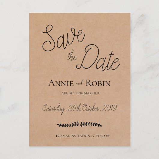 Kraft Paper Custom Script Weddenschap Save the Dat Briefkaart (Voorkant)