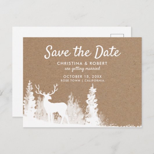 Kraft Paper Deer Kerstmis bespaart de datum Aankondigingskaart (Voorkant / Achterkant)