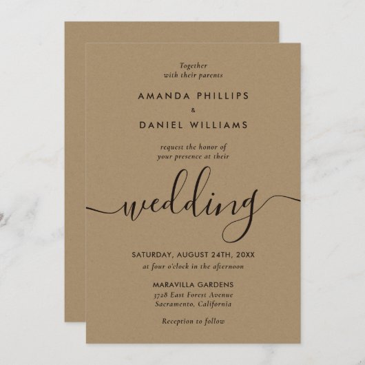 Kraft Paper Elegant Script Wedding Kaart (Voorkant / Achterkant)