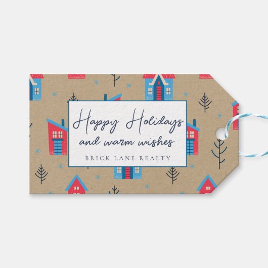 Kraft Paper Festive Prettige feestdagen Realty Cadeaulabel (Voorkant (Horizontaal))