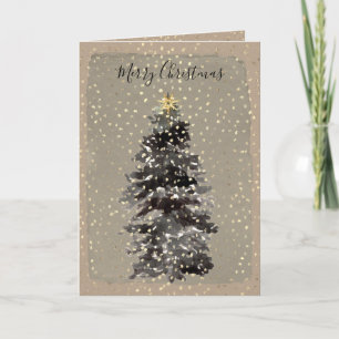 Kraft Paper Holiday Spruce Tree Falling Gold Snow Feestdagen Kaart