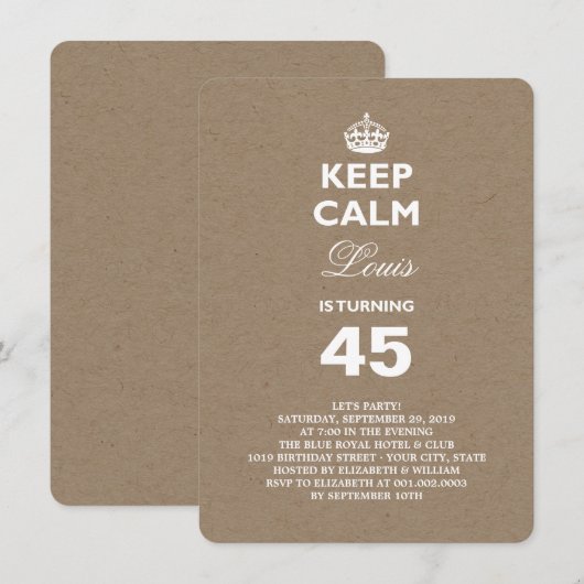 Kraft Paper Keep Calm Funny 40th Birthday Invite Kaart (Voorkant / Achterkant)