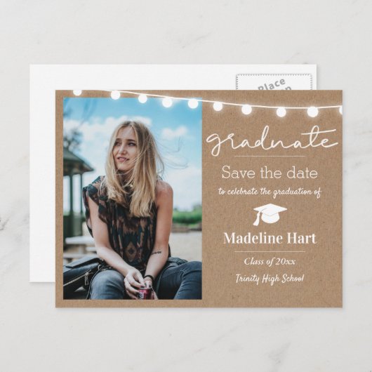 Kraft Paper Lights-script Afstuderen | Datum opsla Briefkaart (Voorkant / Achterkant)