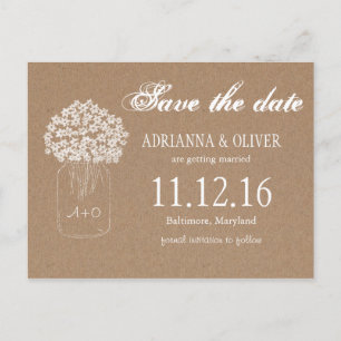 Kraft Paper Mason Jar Flowers Save the Date Aankondigingskaart