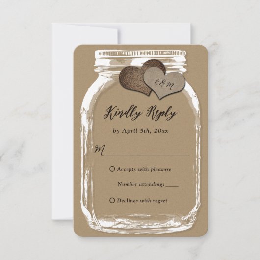 Kraft Paper Mason Jar Two Hearts Wedding RSVP Kaartje (Voorkant)