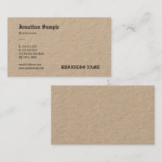 Kraft Paper Nostalgic Old English Text Sjabloon Visitekaartje (Voorkant / Achterkant)