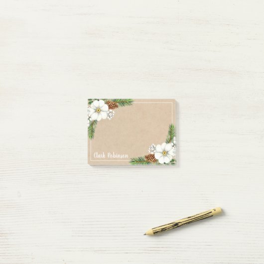 Kraft Paper Pinecone White Floral Post-it® Notes (Op bureau)