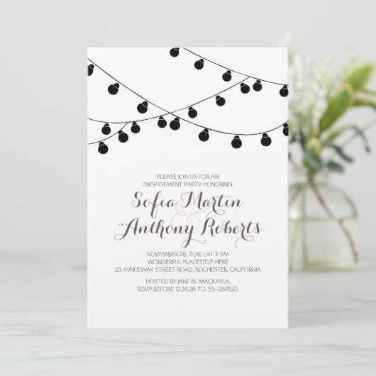 Kraft Paper String Lights Modern Engagement Party Kaart (Staand voorkant)