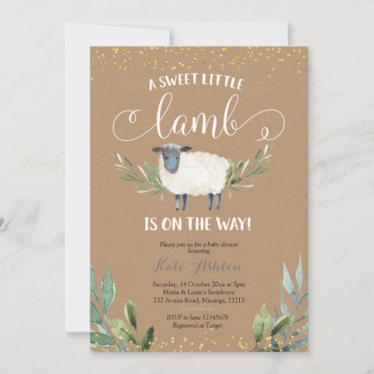 Kraft Paper Sweet Little Lamb Greenery Baby shower Kaart (Voorkant)