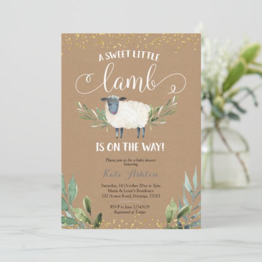 Kraft Paper Sweet Little Lamb Greenery Baby shower Kaart (Staand voorkant)