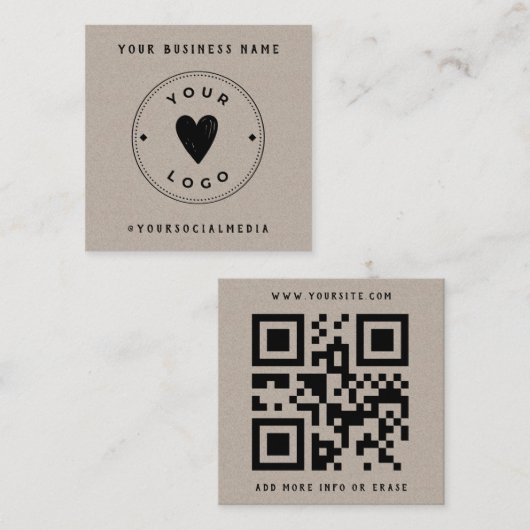 Kraft paper Voeg je Logo QR Code sociale media toe Vierkante Visitekaartje (Voorkant / Achterkant)