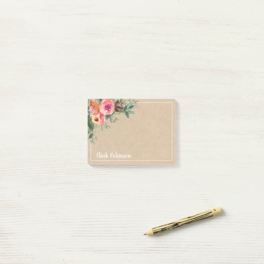 Kraft Paper Waterverf Flowers Pinecone Post-it® Notes (Op bureau)