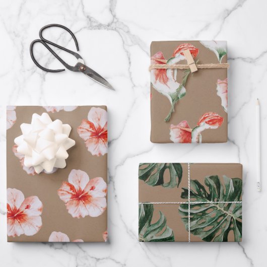 Kraft Paper Waterverf Tropische Hibiscus Monstera (Voorkant)