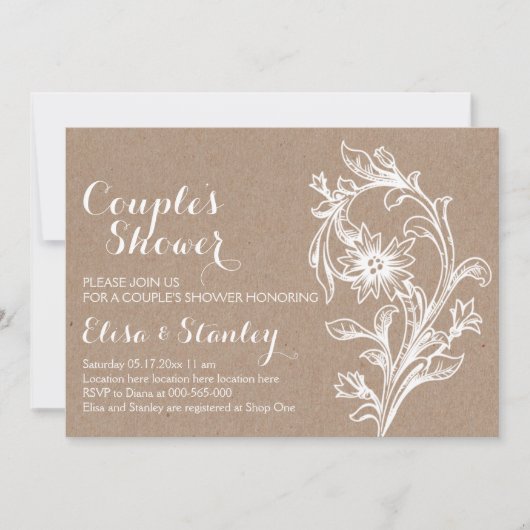 Kraft paper white floral bruiloft onder douche kaart (Voorkant)