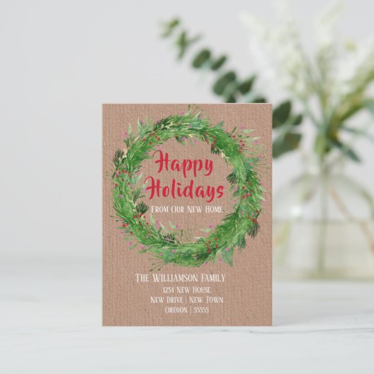 Kraft Paper Winter Greenery New Home Happy Holiday Briefkaart (Staand voorkant)