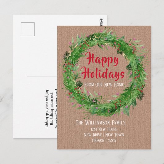 Kraft Paper Winter Greenery New Home Happy Holiday Briefkaart (Voorkant / Achterkant)