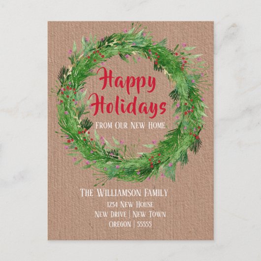 Kraft Paper Winter Greenery New Home Happy Holiday Briefkaart (Voorkant)
