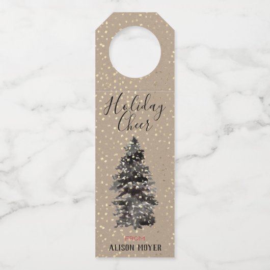 Kraft Paper Woodland Tree Gold Snow Elegant Flessenhanger (Voorkant)