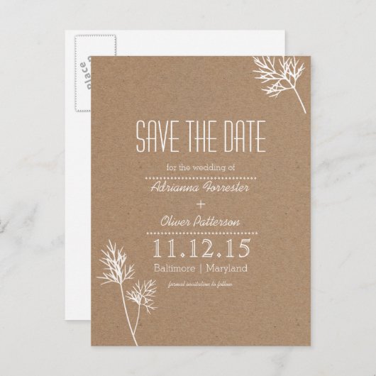 Kraft Papier Bruin en Witte Bladeren Save The Date Aankondigingskaart (Voorkant / Achterkant)