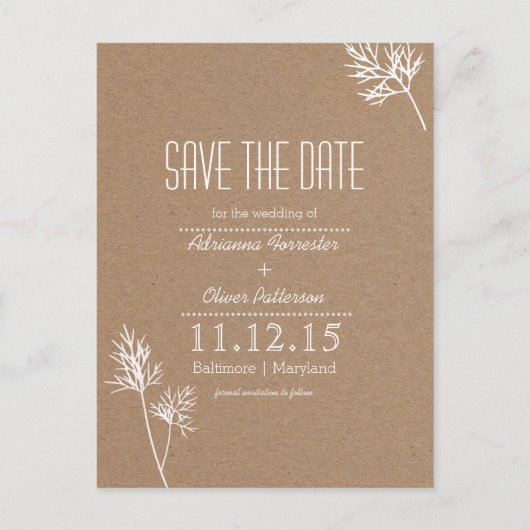 Kraft Papier Bruin en Witte Bladeren Save The Date Aankondigingskaart (Voorkant)