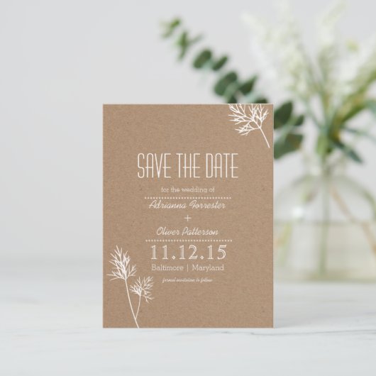 Kraft Papier Bruin en Witte Bladeren Save The Date Aankondigingskaart (Staand voorkant)