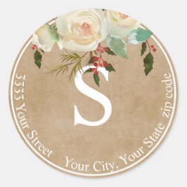 Kraft papier Floral vakantie monogram retouradres Ronde Sticker